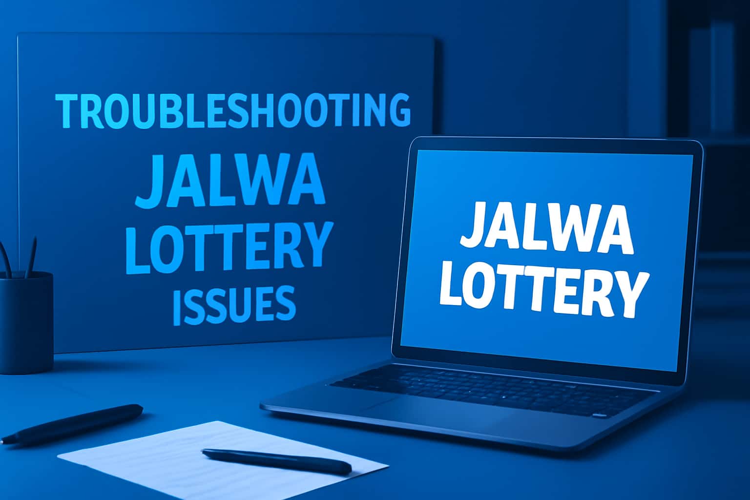 An informative scene highlighting troubleshooting procedures for the Jalwa Lottery app.